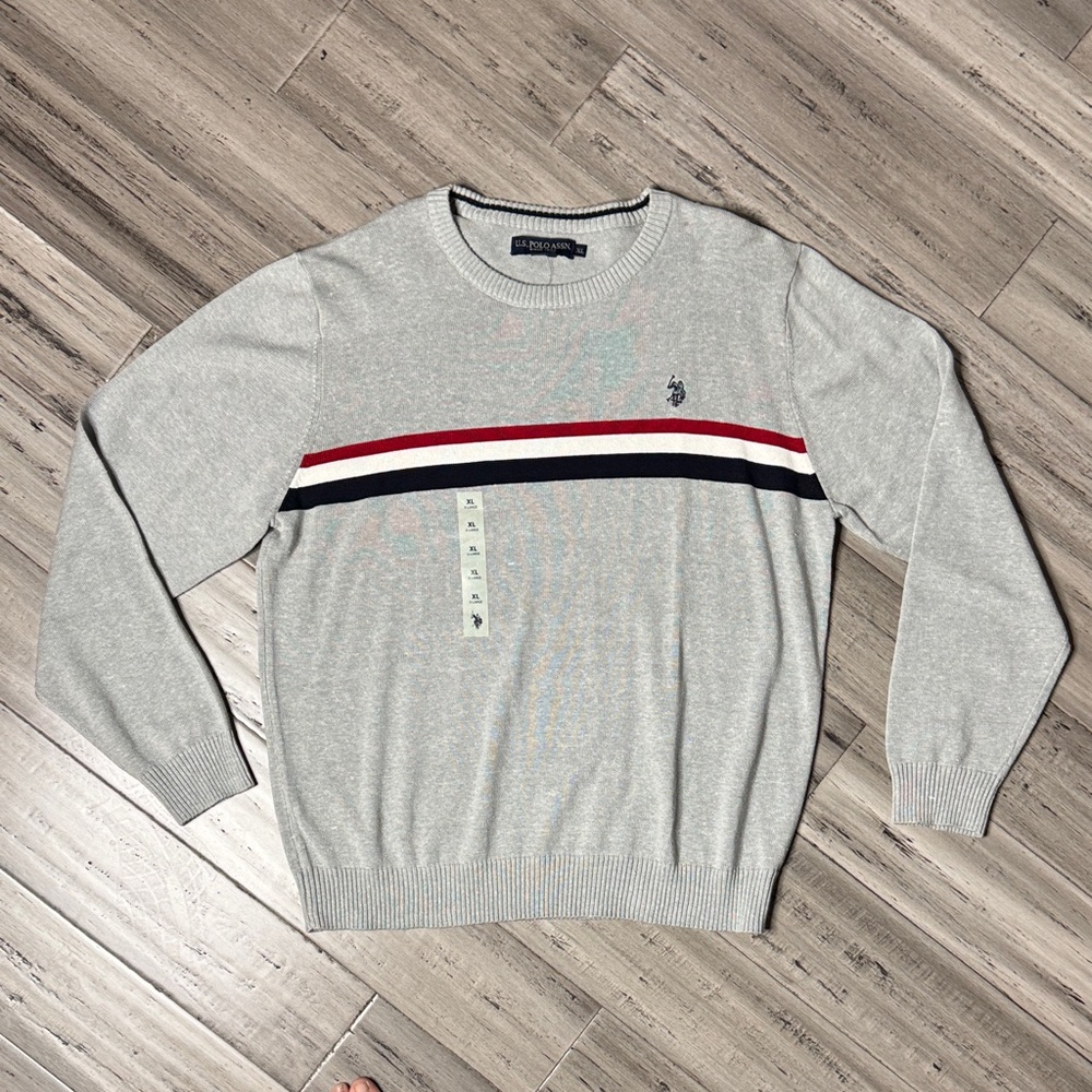 U.S. POLO ASSN HEATHER GREY MENS CHEST STRIPE CREWNECK SWEATER **NWT** - Picture 2 of 9